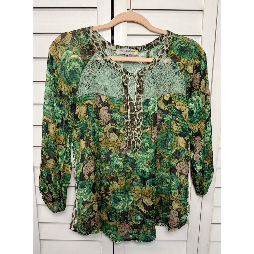 Anthropologie Fig & Flower Floral Leopard Lace Boho Top Women's Size Medium